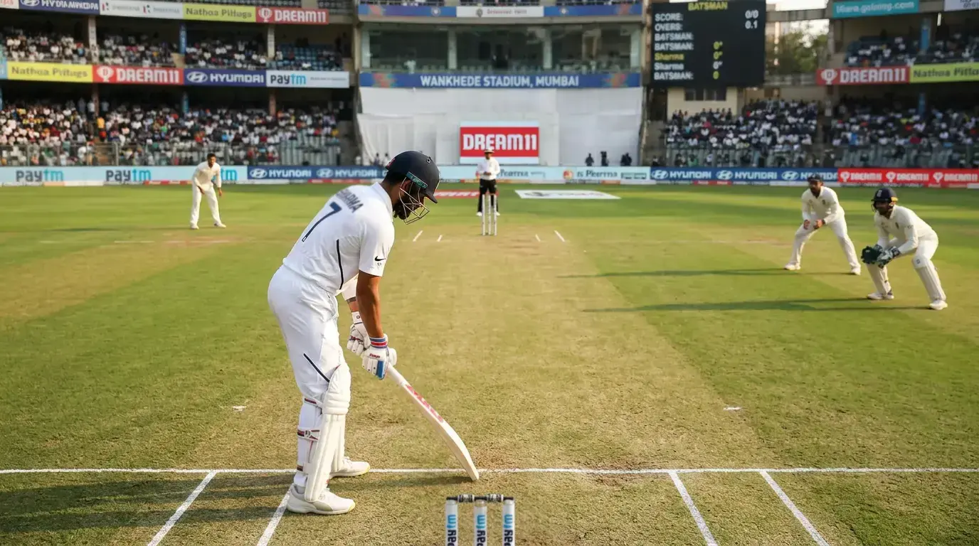 Opening batsman taking guard at crease with full innings ahead showing positional advantage