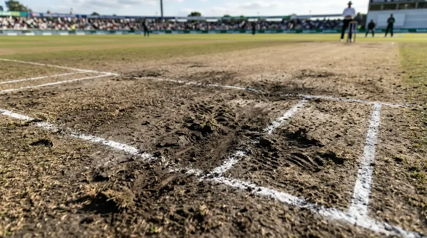 Bowler footmarks and rough patches on cricket pitch showing surface deterioration during match