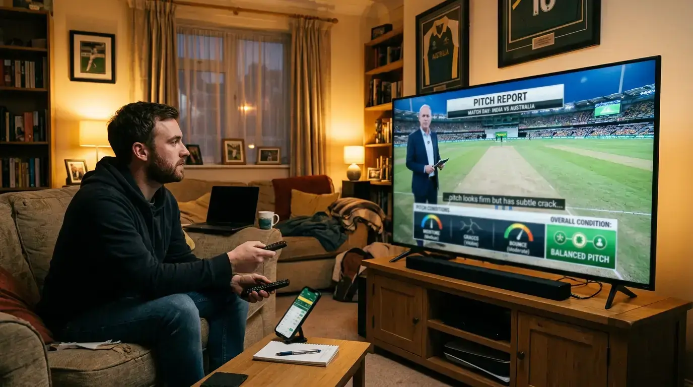 Cricket pitch report being delivered on broadcast with close-up camera view of surface conditions