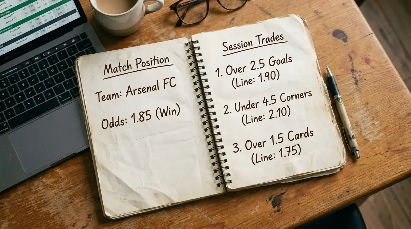 Cricket betting analysis showing combined match odds and session betting positions for same match