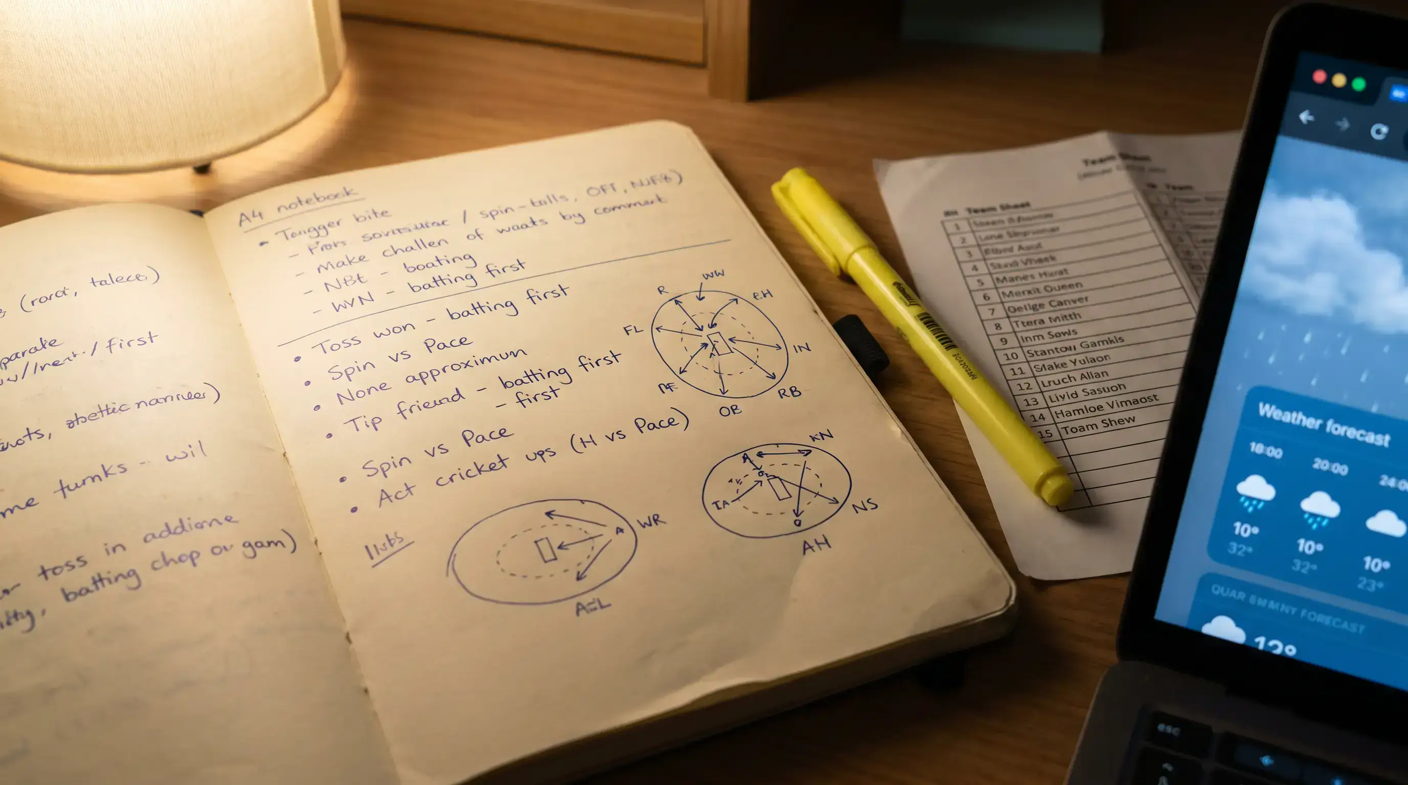 Notebook with handwritten cricket match analysis notes next to a laptop showing pitch conditions