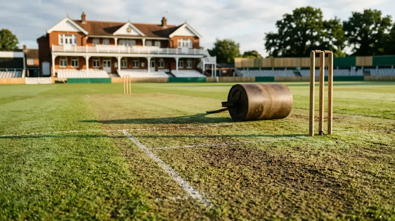 Cricket pitch inspection before a match with groundsman examining surface conditions