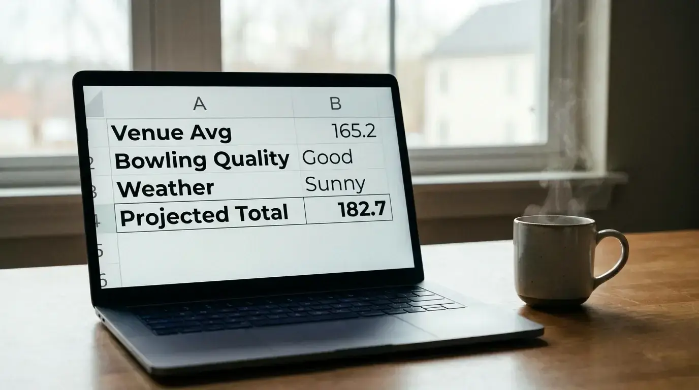 Cricket total runs projection model on laptop showing independent analyst calculation