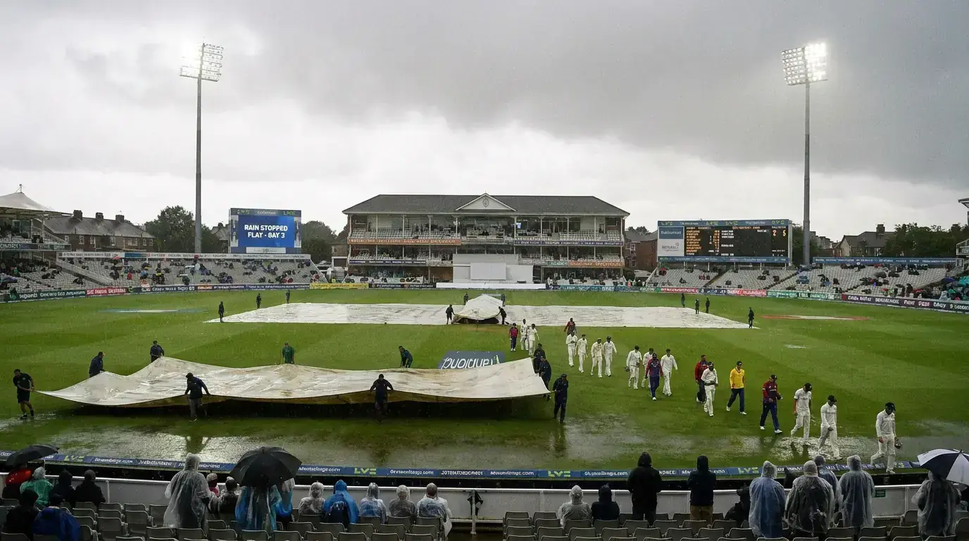 Cricket pitch rain covers deployed during match interruption affecting betting market dynamics
