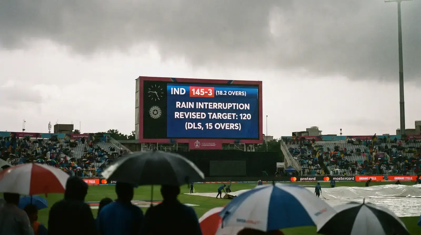 Cricket scoreboard during rain-affected match showing revised overs and DLS target information