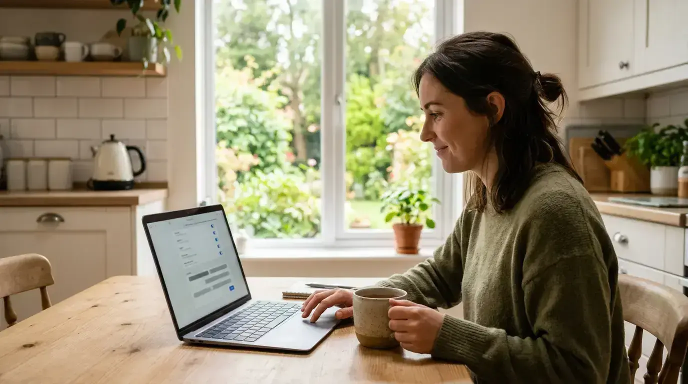 Person calmly reviewing betting account settings on a laptop with a cup of tea nearby