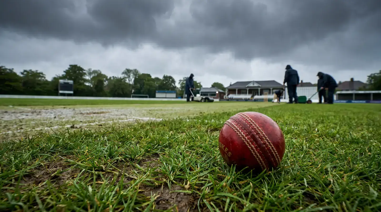 Green seaming cricket pitch favouring fast bowlers with overcast conditions enhancing swing