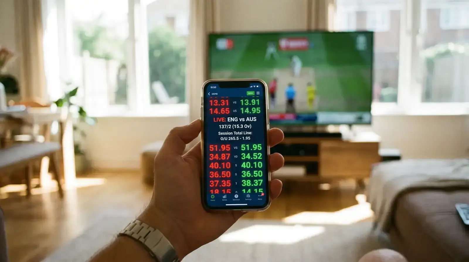 In-play session runs market on mobile device showing live updates during cricket match