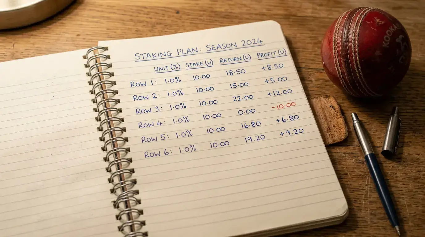 Staking plan written in a notebook with cricket betting unit calculations