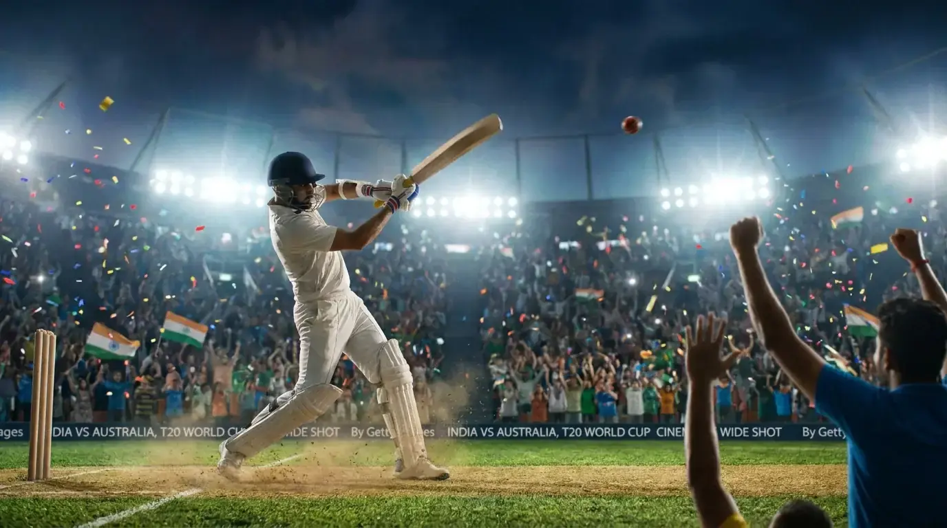 T20 cricket high-scoring match scene with batsman hitting six over short boundary