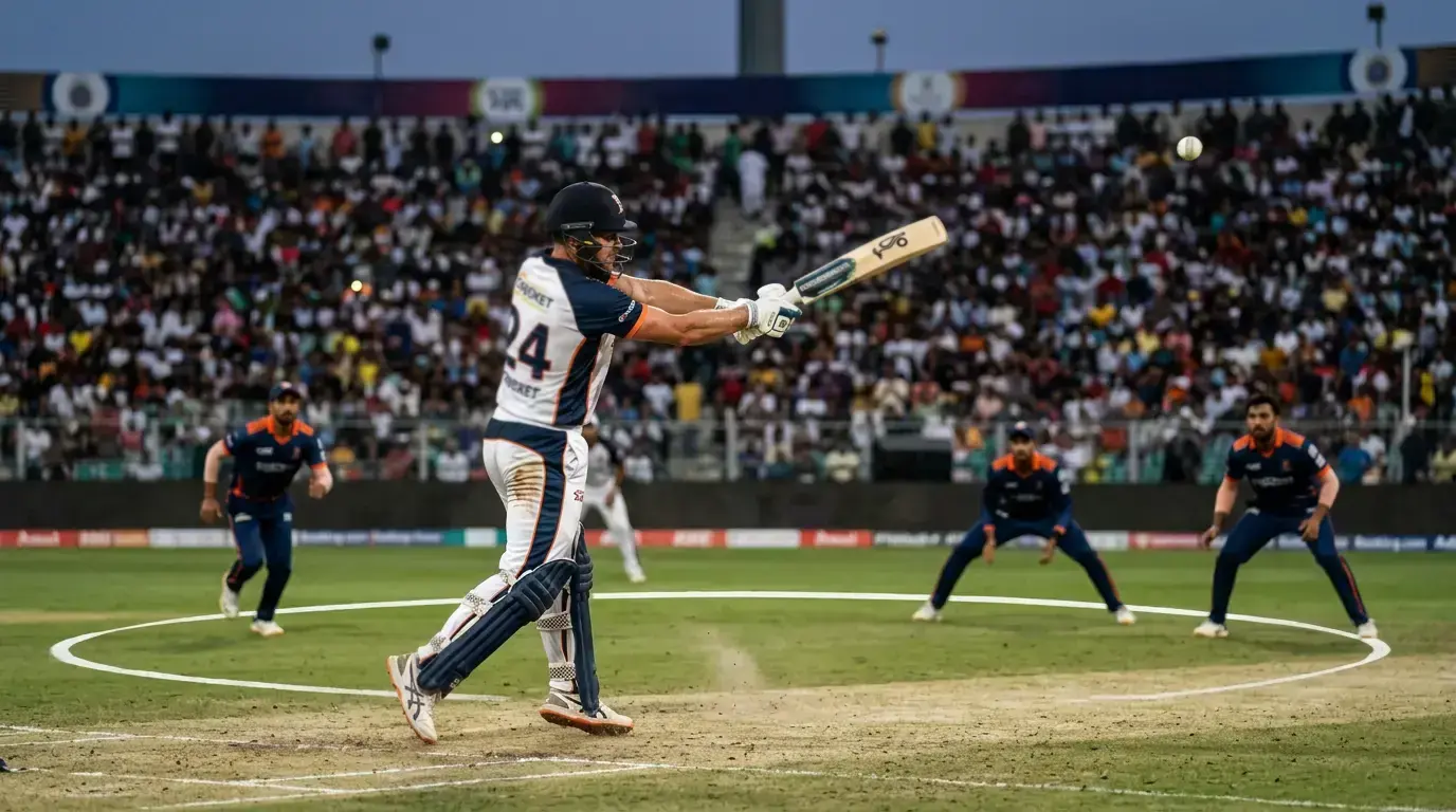 T20 cricket powerplay batting action with fielding restrictions creating scoring opportunities