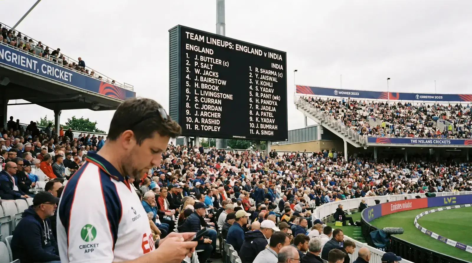 Cricket team sheet announcement on venue screen triggering powerplay betting window opening