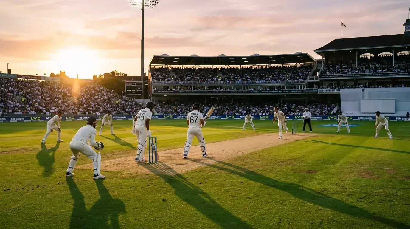 Batsmen playing during evening session of Test match with long shadows across pitch