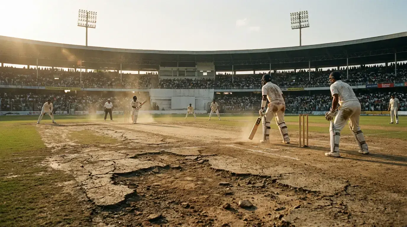 Five-day Test cricket match scene with batsmen at crease and deteriorating pitch surface visible