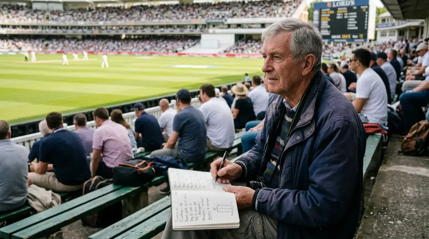 Cricket spectator observing five-day Test match with notebook tracking match conditions