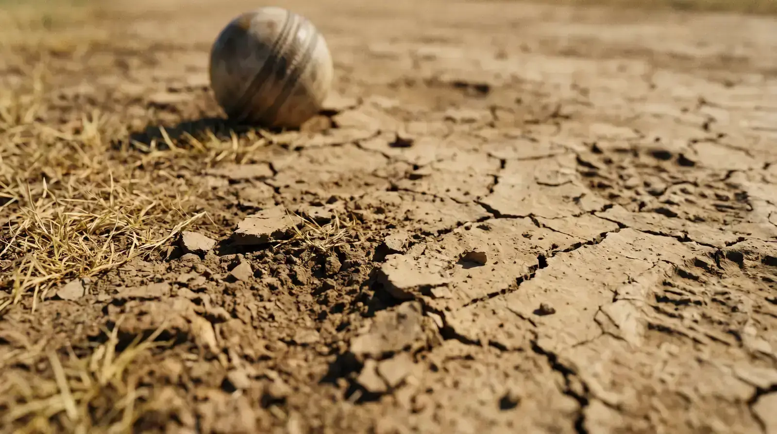Close-up of a worn test match cricket pitch showing cracks and dry patches on day four
