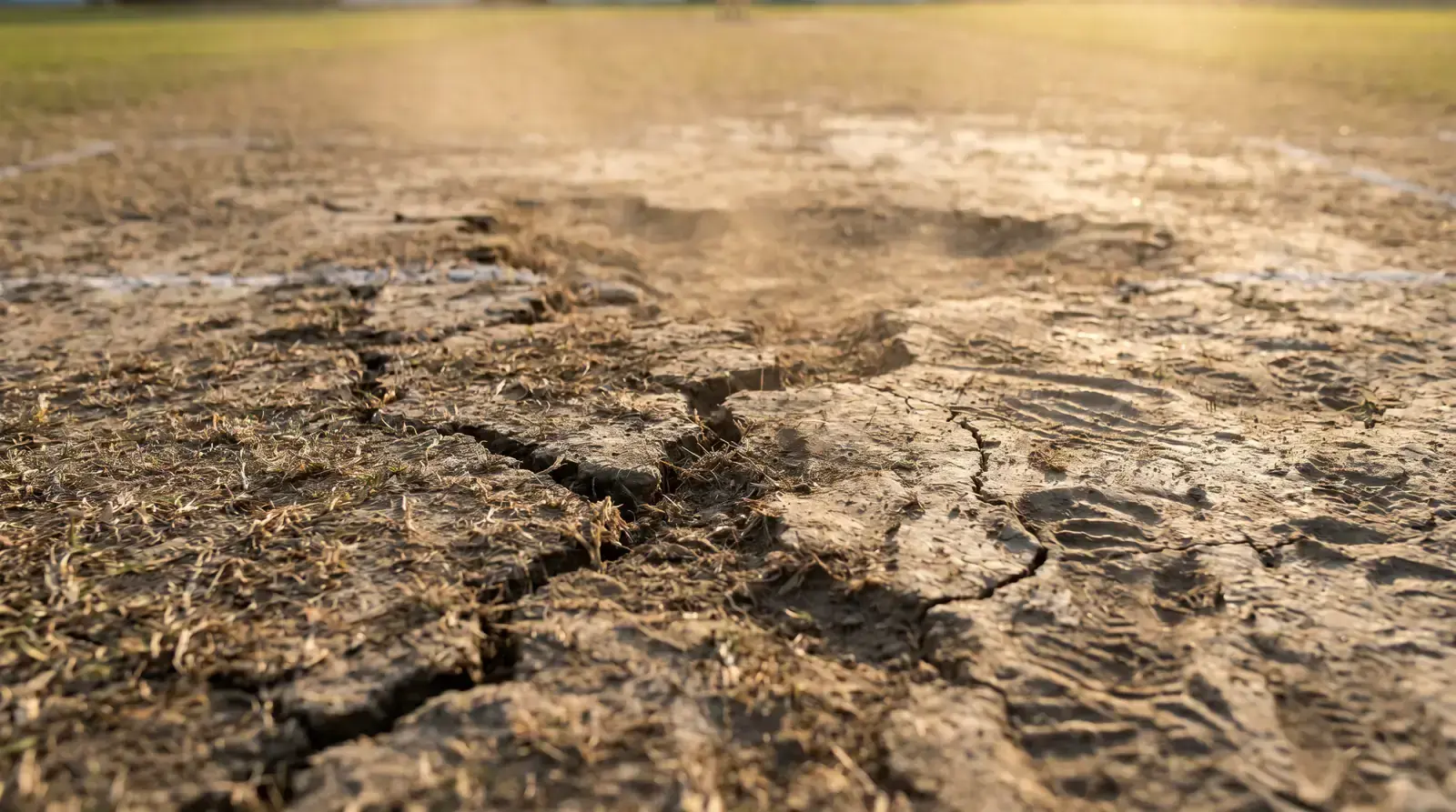 Close-up of Test cricket pitch showing cracks and surface deterioration on day four