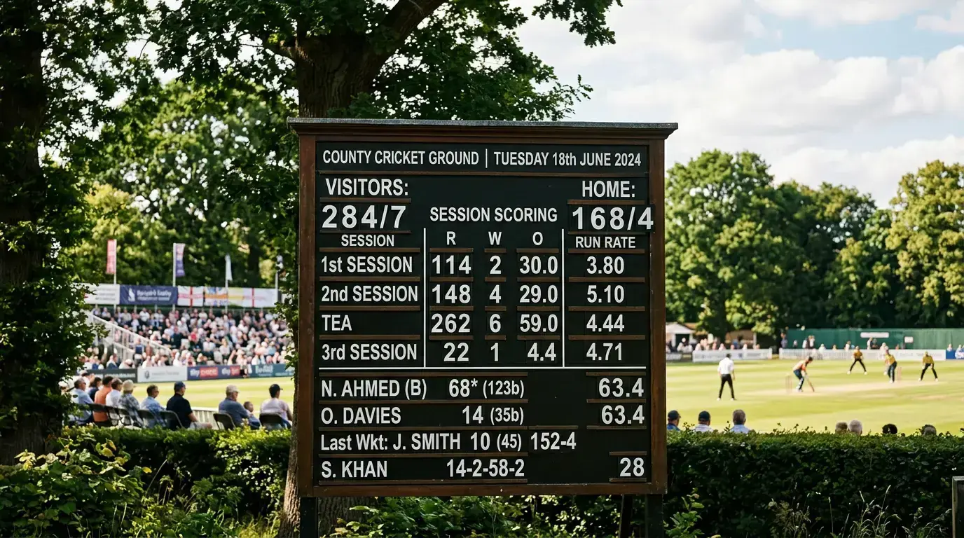 Test cricket scoreboard showing session run totals and batting partnership statistics
