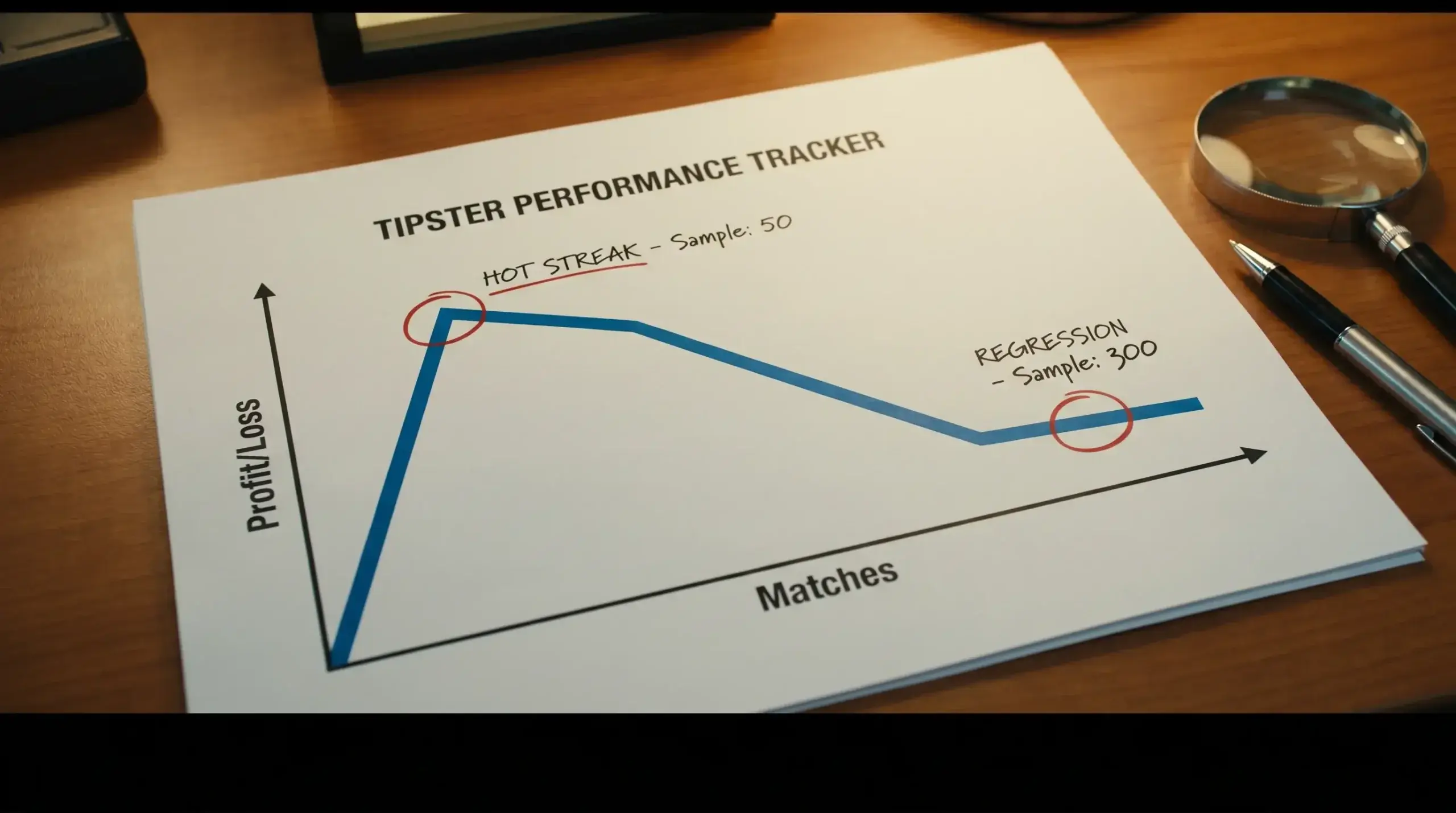 Cricket tipster performance chart showing hot streak regression over larger sample of predictions
