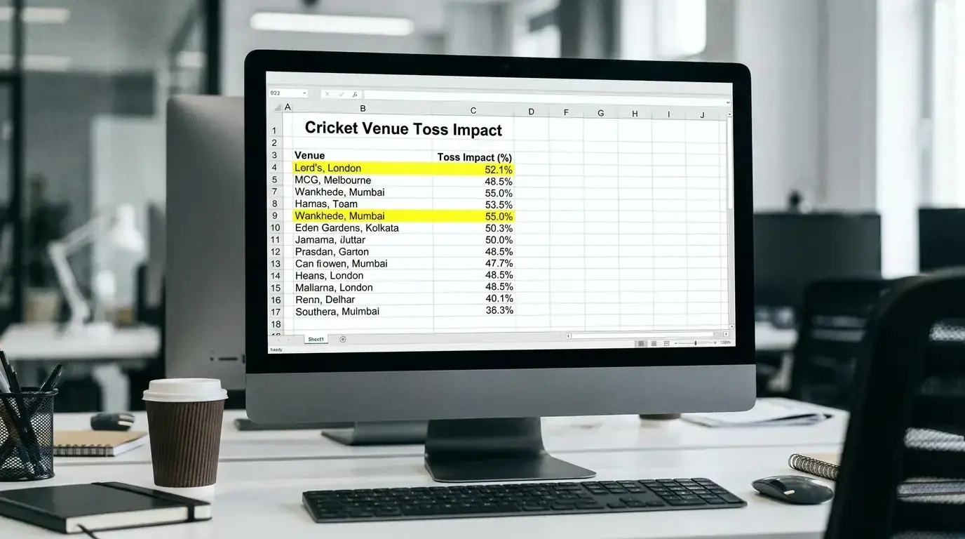 Cricket venue database showing location-specific toss advantage statistics for betting model
