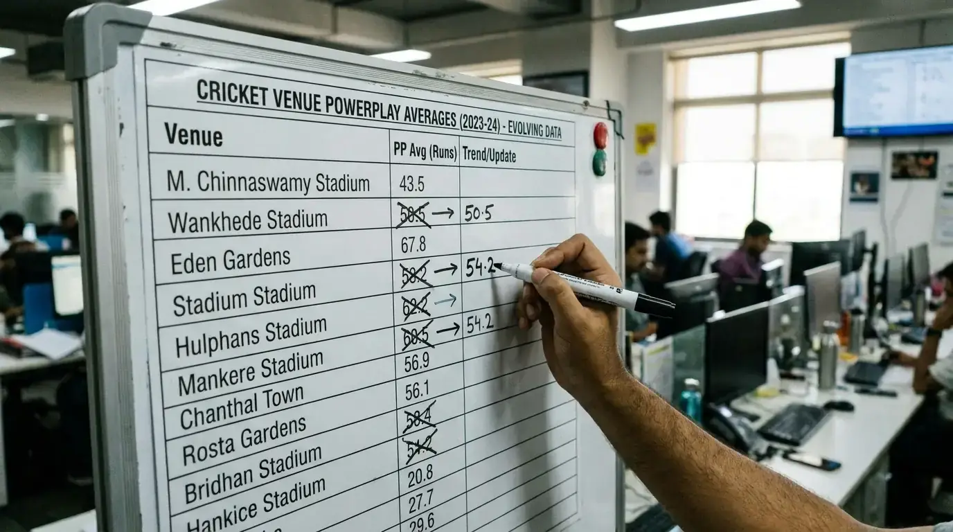 Cricket venue powerplay scoring average tracking showing mid-tournament adjustment