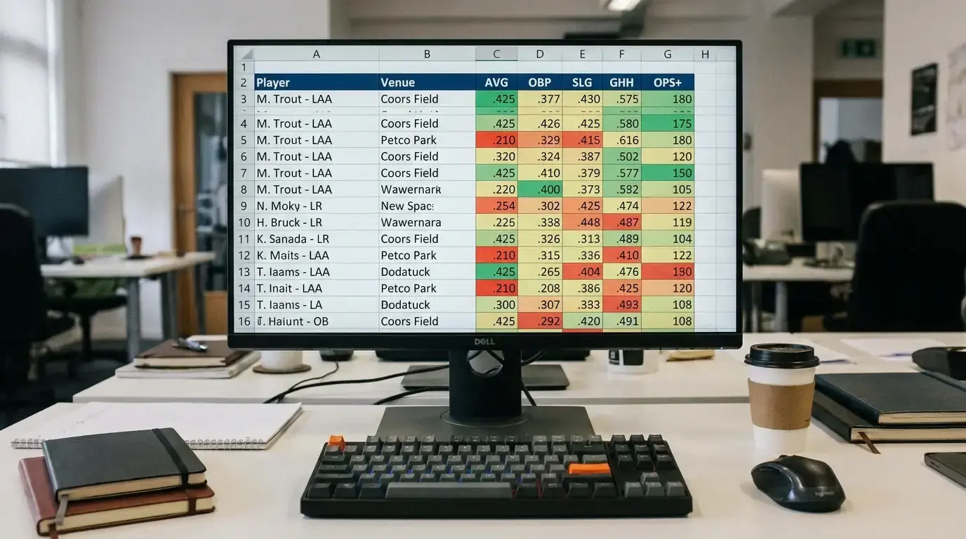 Cricket batting venue splits spreadsheet showing ground-by-ground performance variations