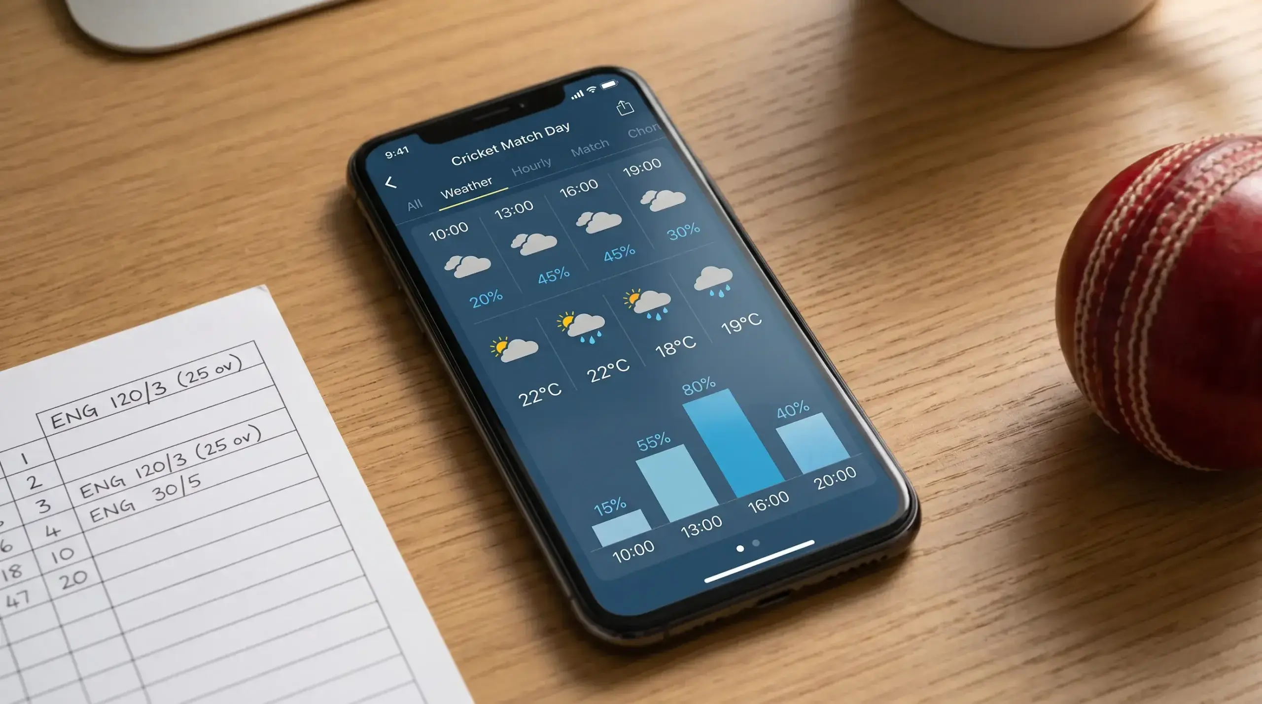 Hourly weather forecast display used by cricket bettors to assess match day conditions