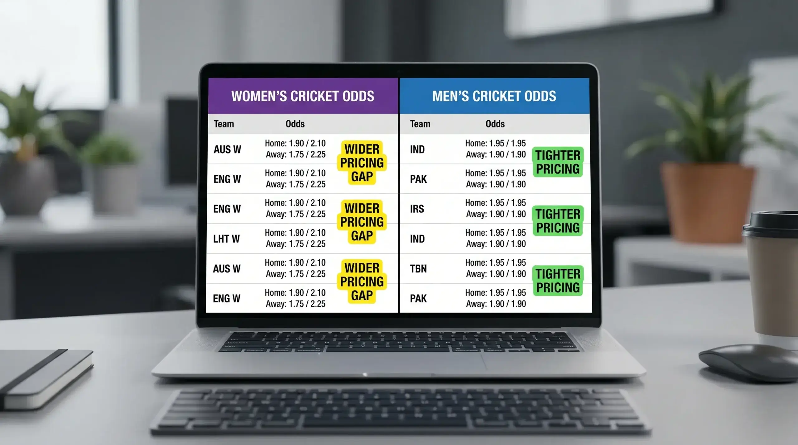 Cricket odds comparison showing wider value gaps in women's markets versus men's equivalent