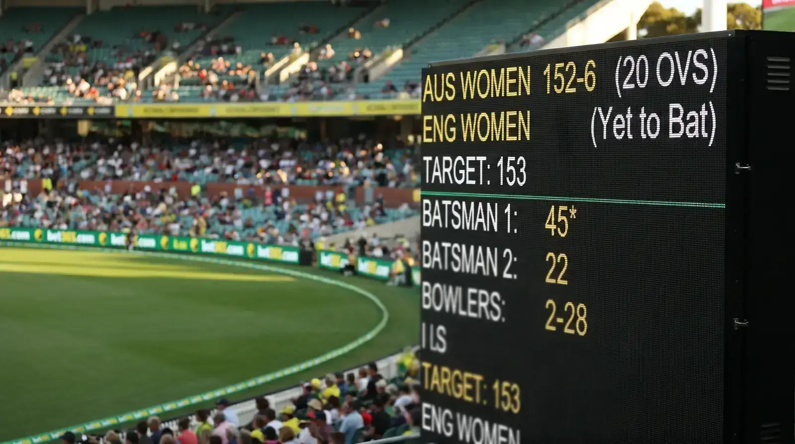 Women's T20 cricket scoreboard showing typical scoring ranges different from men's benchmarks