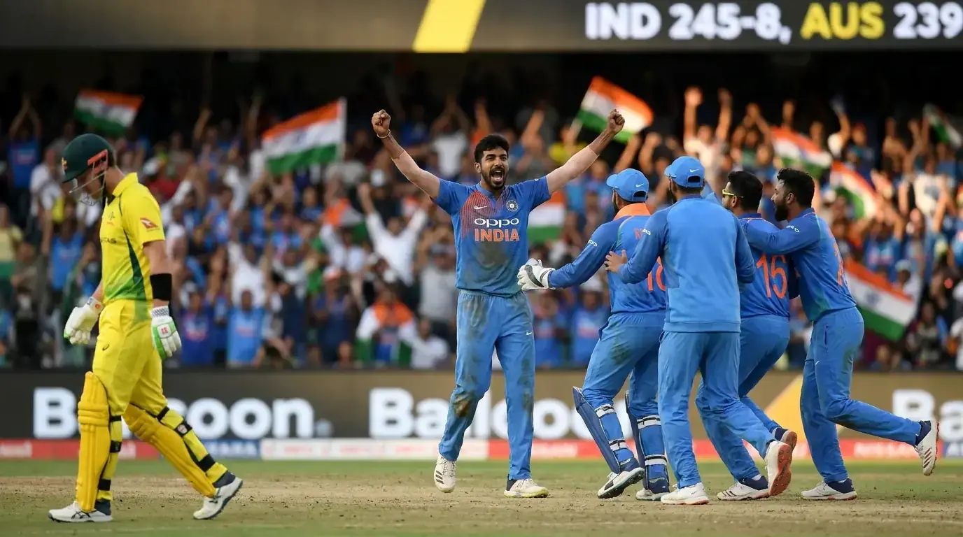 Fast bowler celebrating wicket in World Cup knockout match showing pace bowling dominance